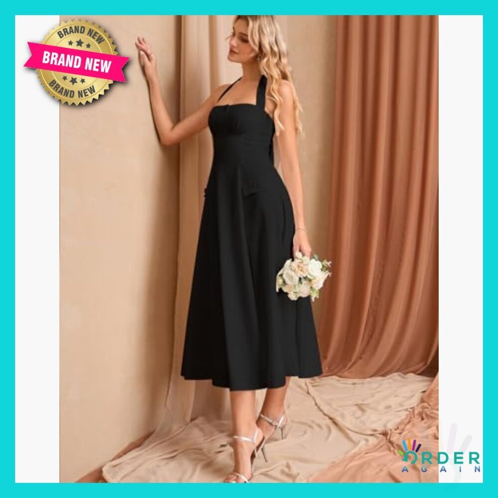 Floral Halter Corset Midi Dress A-Line Boho Tea Party Sundress Wedding Guest - Picture 4 of 7